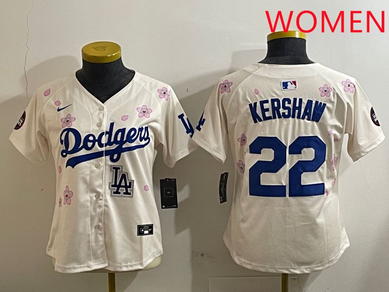Women Los Angeles Dodgers #22 Kershaw Cream Sakura Edition 2025 Nike MLB Jersey style 10->women mlb jersey->Women Jersey